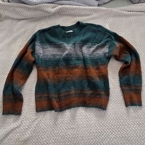 Striped Crewneck Sweater in Teal, Rust & Gray - Women's Casual Knit
